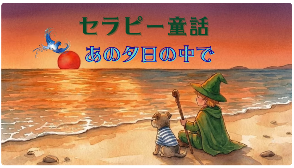 「あの夕日の中で」海辺で赤い夕日を見つめる魔法使いの少年と犬
